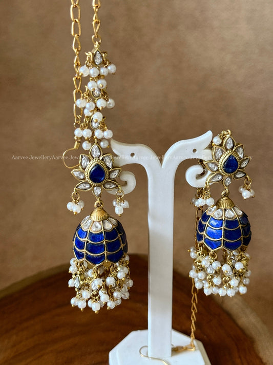 JADAU KUNDAN BLUE /WHITE STONE FLORAL JHUMKI WITH ATTACHED EAR CHAIN