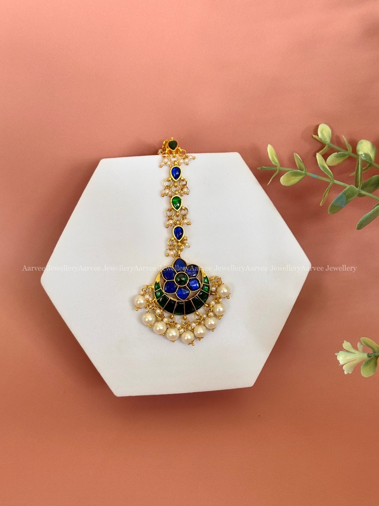 JADAU KUNDAN HALF MOON DESIGN TIKKA WITH BLUE / GREEN STONES WITH PEARLS
