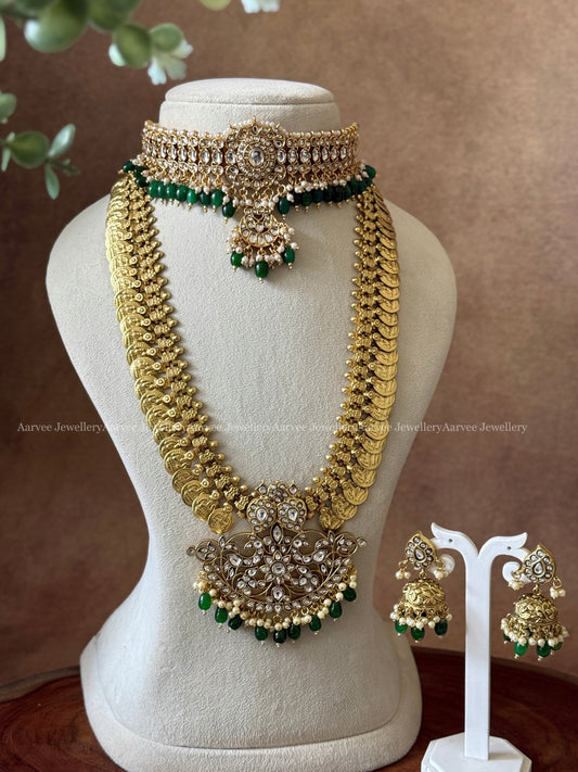 COMBO - WHITE KEMP STONE CHOKER WITH JADAU KUNDAN COIN MIDLENGTH HARAM AND JHUMKI WITH GREEN BEADS