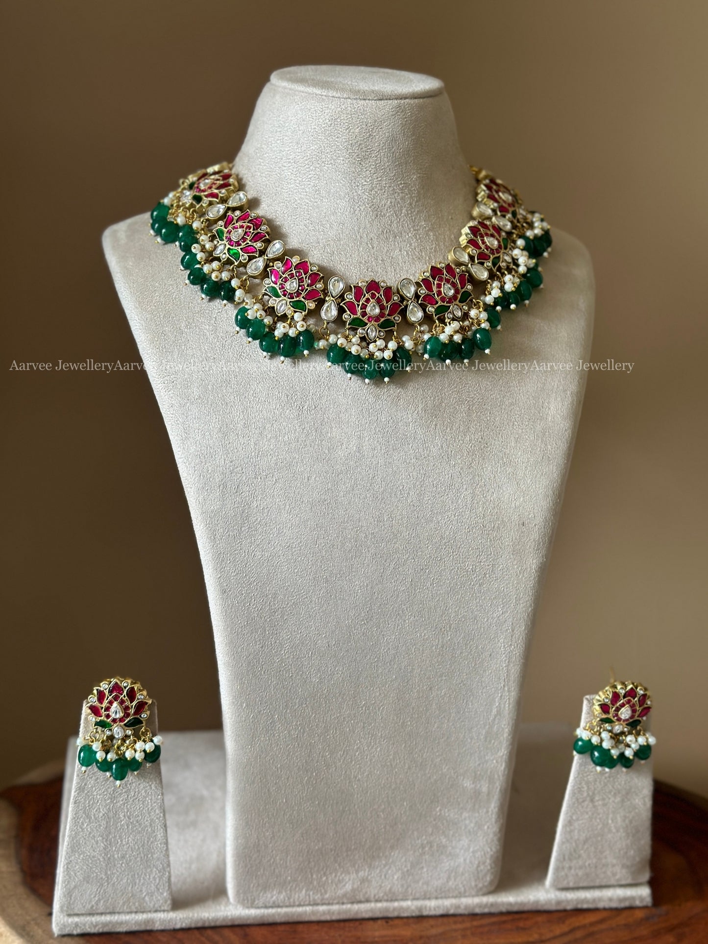 JADAU KUNDAN RUBY STONE LOTUS NECKLACE & STUDS WITH GREEN BEADS