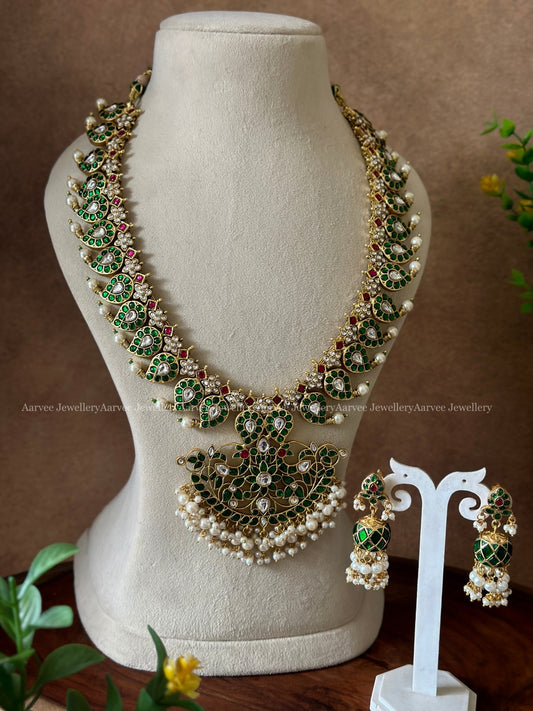 JADAU KUNDAN GREEN STONE MANGO MOTIF HARAM AND MANGO JHUMKI
