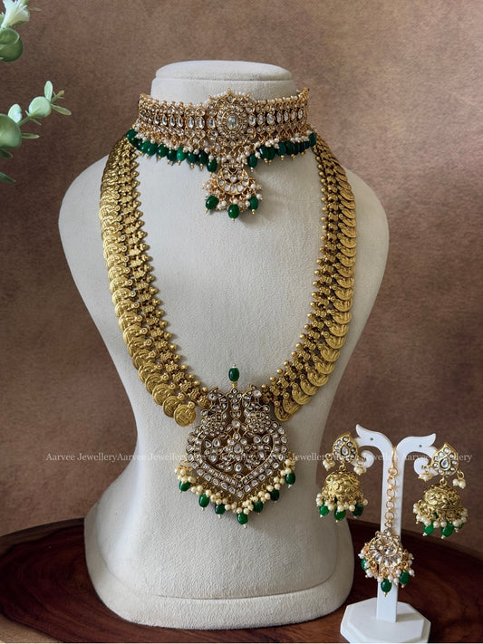 SEMI BRIDAL - KEMP WHITE STONE SINGLE PENDANT CHOKER |JADAU KUNDAN COIN MIDLENGTH HARAM | MANGO JHUMKI & TIKKA - WITH WHITE STONES AND GREEN BEADS