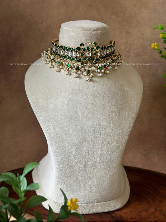 JADAU KUNDAN GREEN STONE FLORAL HIGHNECK CHOKER WITH PEARLS