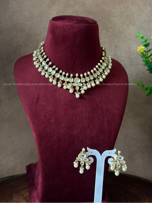 POLKI KUNDAN WHITE STONE NECKLACE SET WITH PEARLS