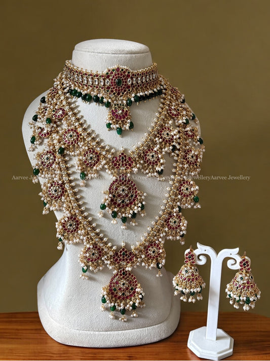 FLORAL GUTTA PUSALU BRIDAL JEWELLERY SET WITH RUBY / WHITE/ GREEN STONE & MIX OF PEARLS AND GREEN BEADS