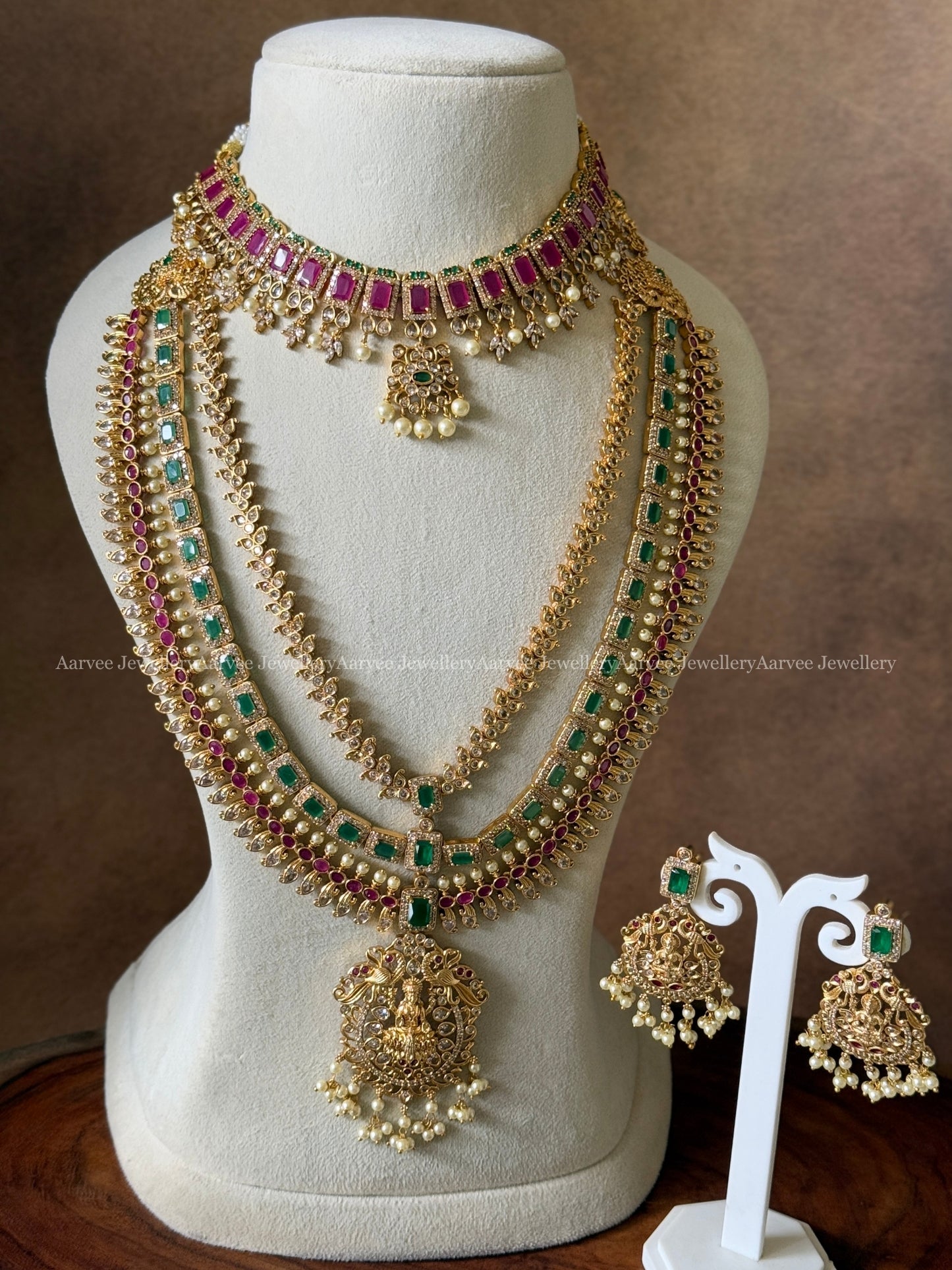 COMBO - CZ RUBY STONE NECKLACE WITH CZ RUBY / GREEN STONE LAYERED MID LENGTH HARAM SET WITH LAKSHMI PENDANT