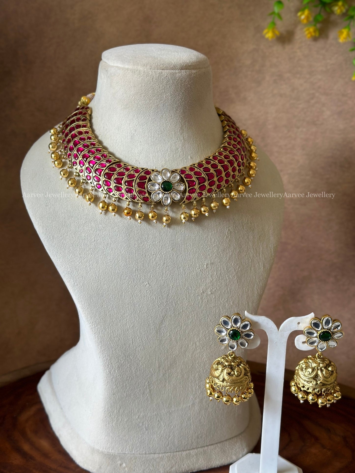 JADAU KUNDAN RUBY STONE HALF MOON & FLORAL NECKLACE WITH JHUMKI AND GOLD BEADS