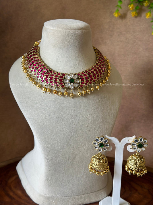 JADAU KUNDAN RUBY STONE HALF MOON & FLORAL NECKLACE WITH JHUMKI AND GOLD BEADS