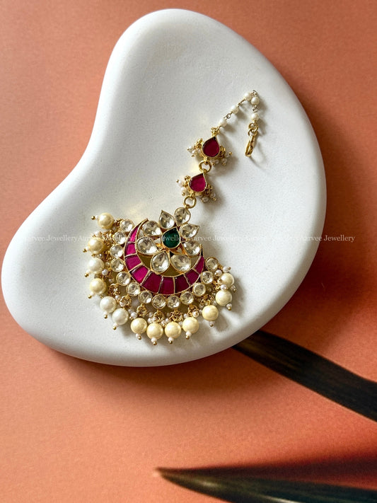 POLKI KUNDAN PINK / WHITE STONE FLORAL CHAND TIKKA
