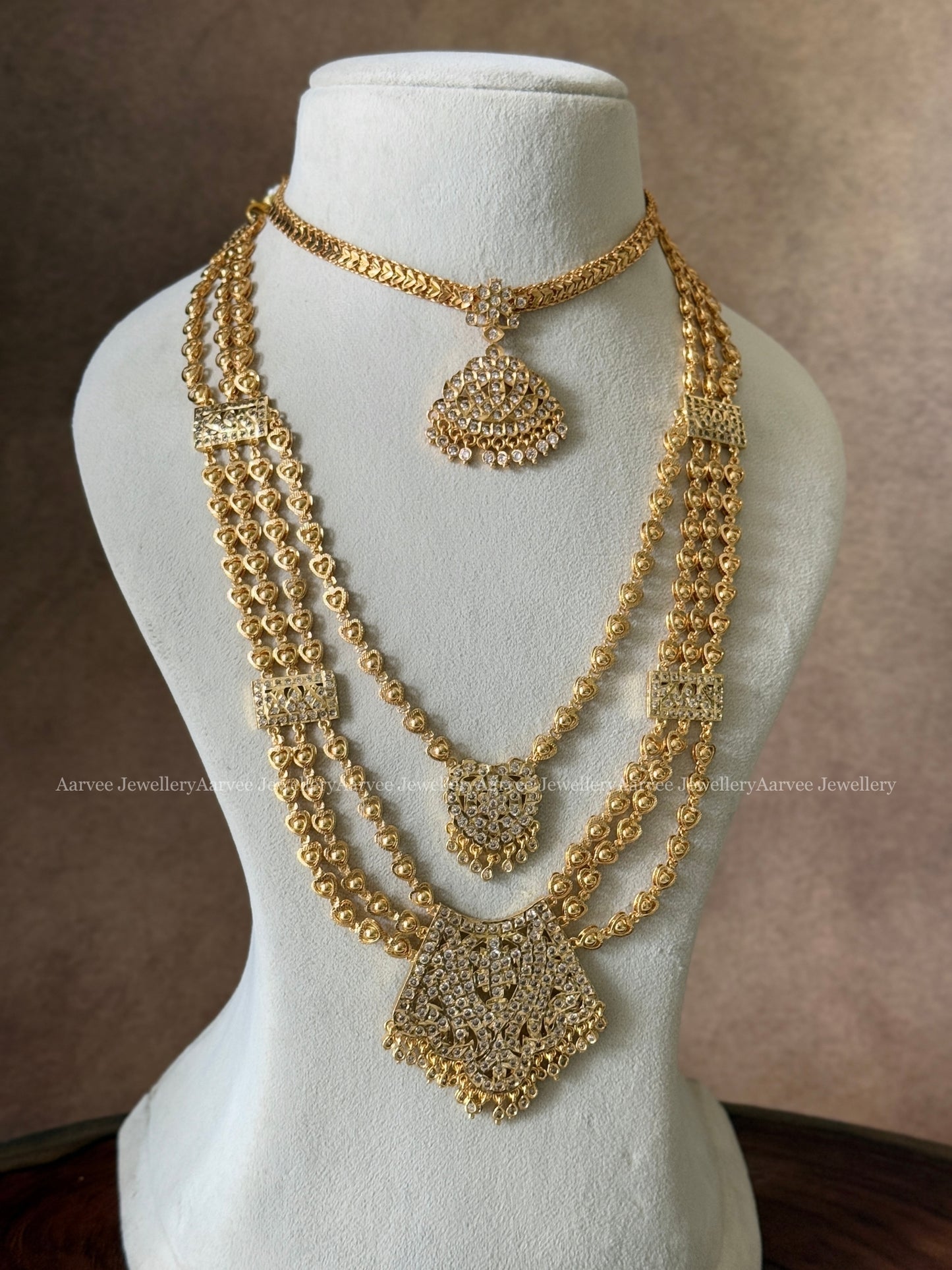 COMBO - IMPHON ATTIGAI AND GOLD FINISH LAYERED INPHON MID LENGTH HARAM SET WITH FULL WHITE STONE