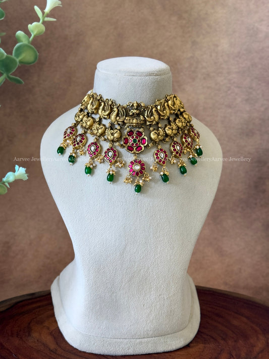 JADAU KUNDAN PEACOCK & LAKSHMI CHOKER WITH RUBY STONES & GREEN BEADS