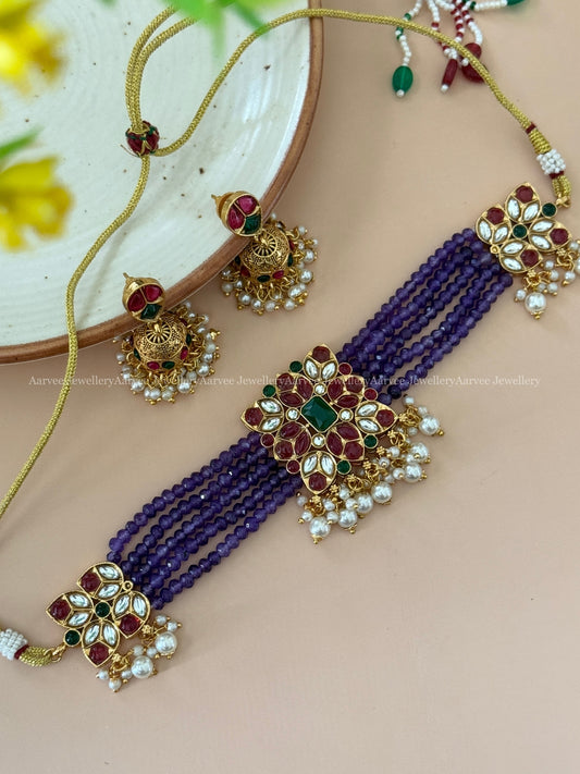 PURPLE BEADED SQUARE CHOKER SET WITH RUBY / GREEN STONES AND PEARLS