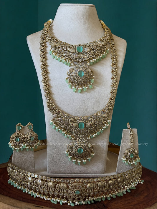 VICTORIAN BRIDAL JEWELLERY SET PASTEL BLUE STONE & PASTEL BLUE BEADS