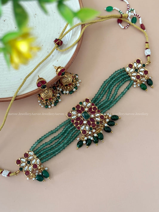 PASTEL BEADED SQUARE CHOKER SET WITH RUBY / GREEN STONES WITH GREEN BEADS