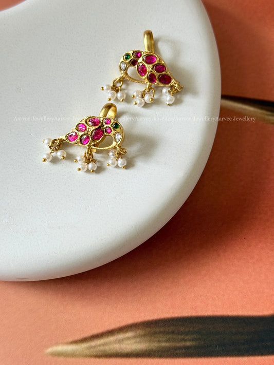 JADAU KUNDAN RUBY/GREEN/WHITE STONES PARROT DESIGN EAR CUFF / BUGADI