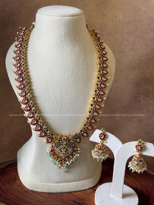 KEMP STONES MANGO MOTIF HARAM SET WITH PEACOCK PENDANT & IN PASTEL BEADS