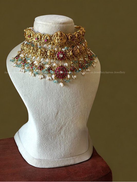 JADAU KUNDAN STATEMENT NAGAS CHOKER WITH TEAL BEADS