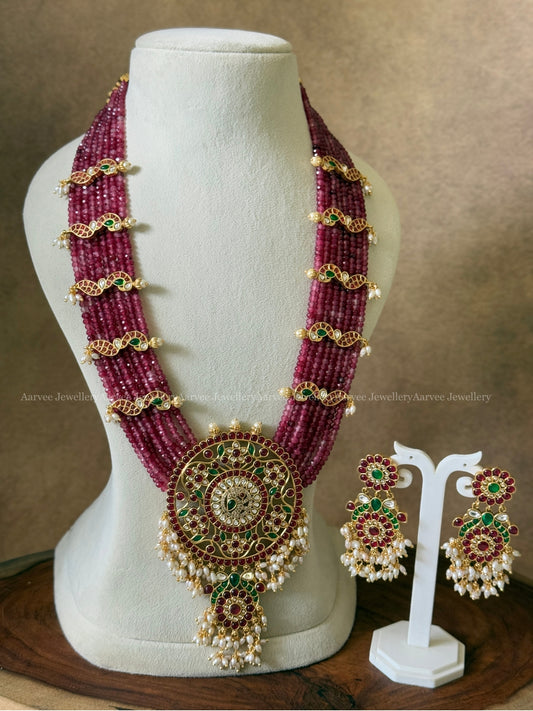 HIGH QUALITY RUBY BEADED HARAM SET WITH FLORAL PENDANT / SIDE PENDANT