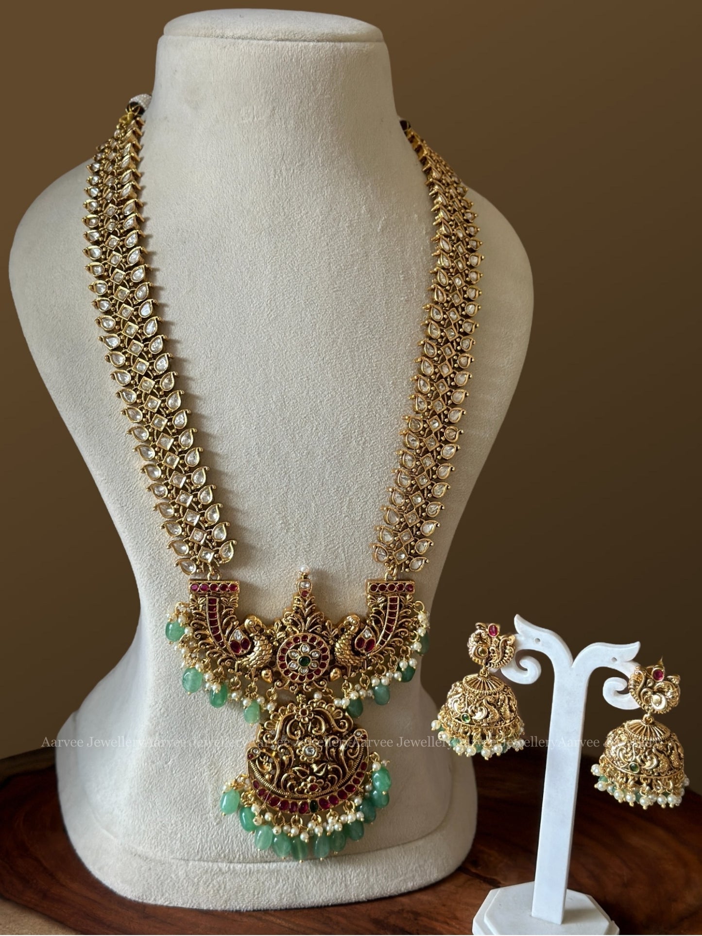 KUNDAN PEACOCK PENDANT HARAM SET WITH WHITE STONES AND PASTEL BEADS