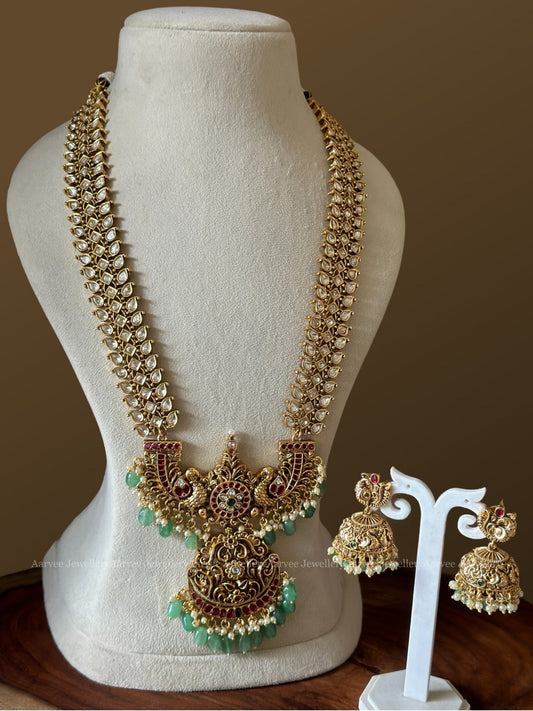 KUNDAN PEACOCK RUBY PENDANT HARAM SET WITH WHITE STONES AND PASTEL BEADS