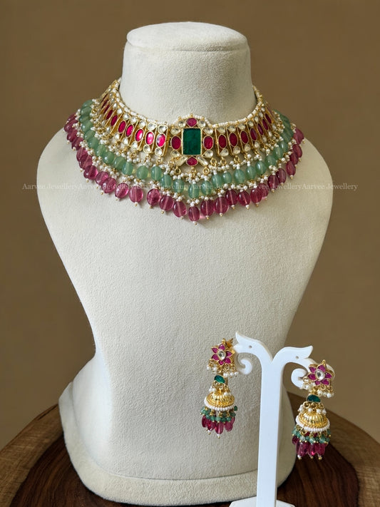 POLKI KUNDAN RUBY STONES CHOKER SET WITH DUAL COLOR BEADS