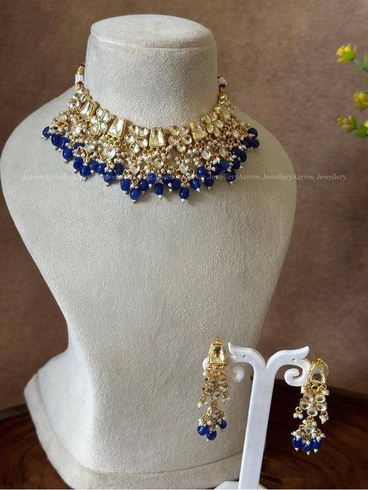 POLKI KUNDAN CHOKER SET WITH WHITE STONES AND BLUE BEADS