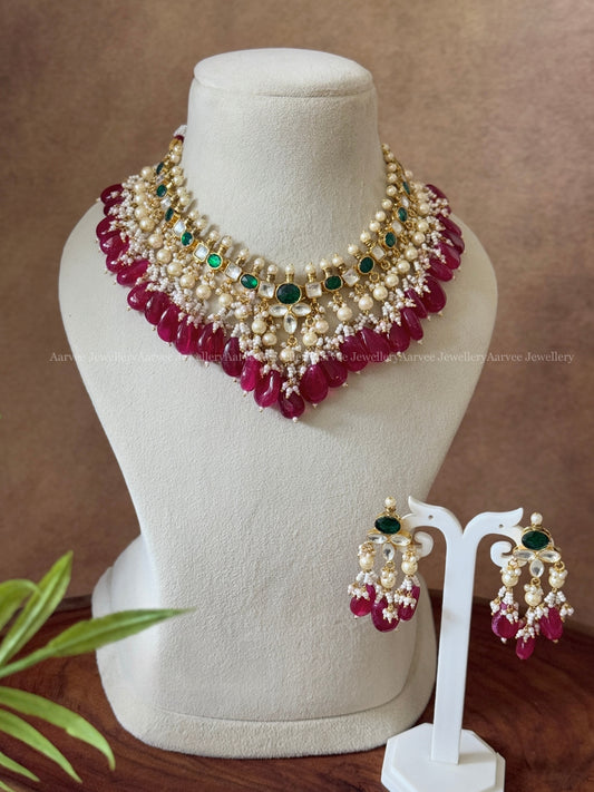 POLKI KUNDAN WHITE & GREEN STONE NECKLACE SET WITH PEARL & RUBY BEADS