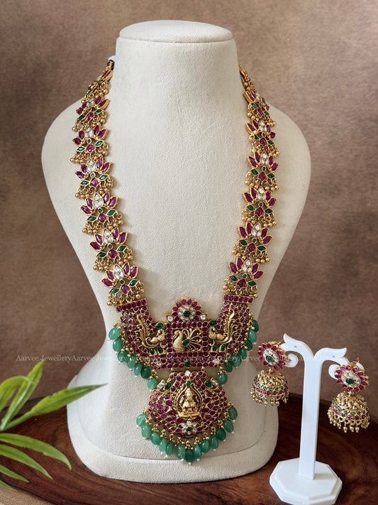 KEMP MULTI COLOR STONES LOTUS MOTIF HARAM SET WITH LAKSHMI PENDANT AND PASTEL  BEADS