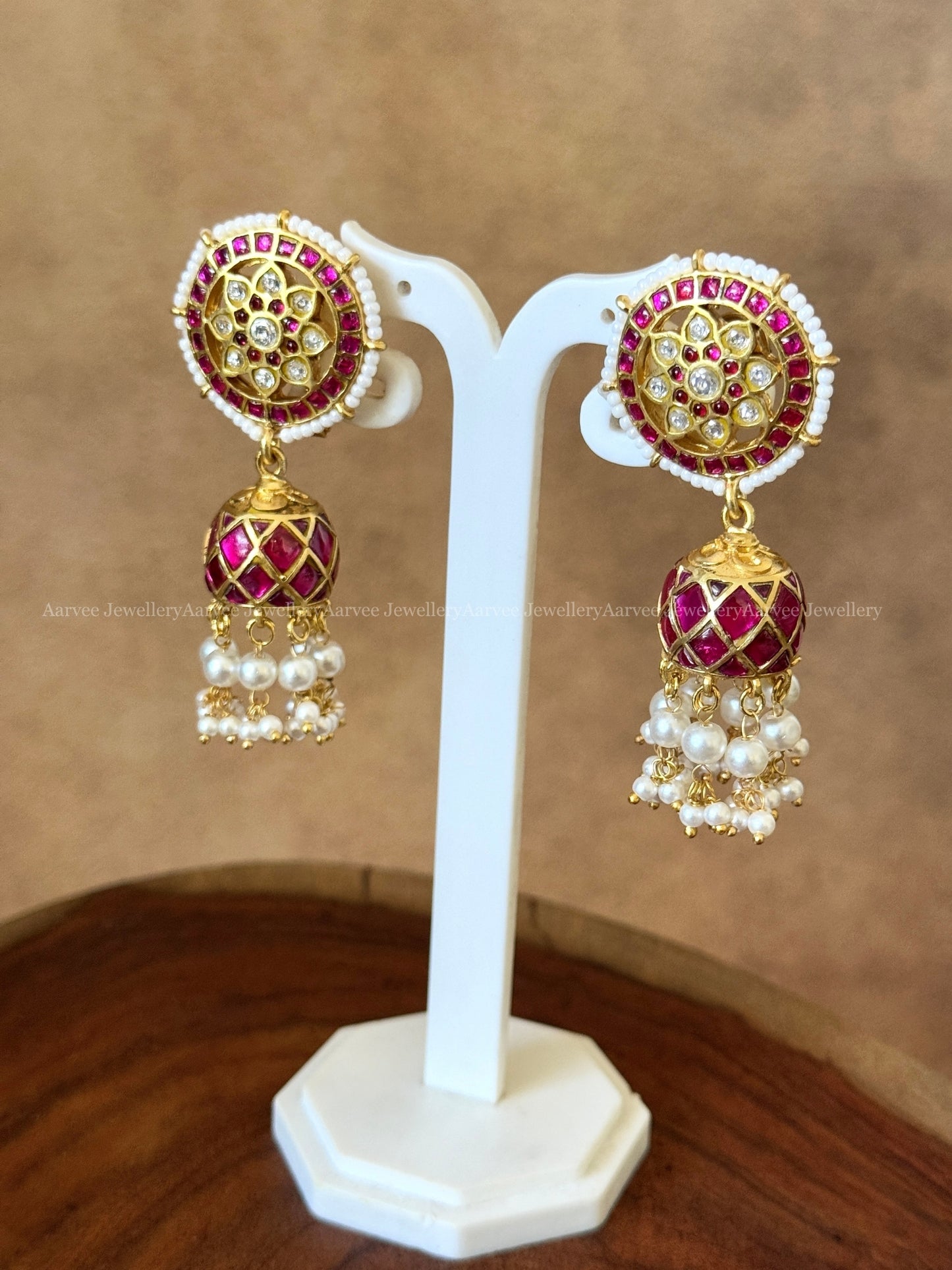 JADAU KUNDAN PINK/WHITE STONE BUTTA JHUMKI WITH PEARLS