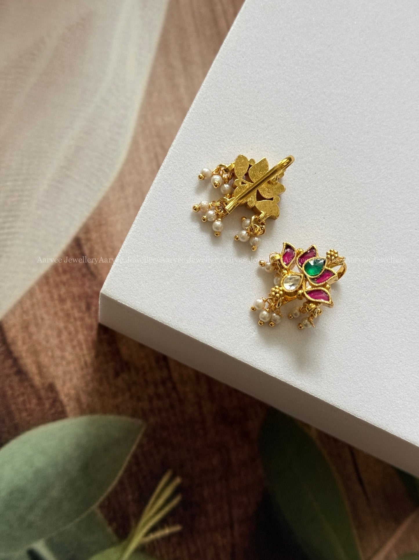 LOTUS EAR CUFF / BUGADI WITH KUNDAN RUBY/GREEN STONES