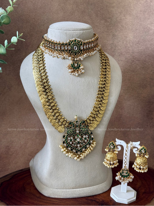 SEMI BRIDAL - KEMP GREEN STONE SINGLE PENDANT CHOKER |JADAU KUNDAN COIN MIDLENGTH HARAM | MANGO JHUMKI & TIKKA - WITH GREEN STONES AND PEARLS