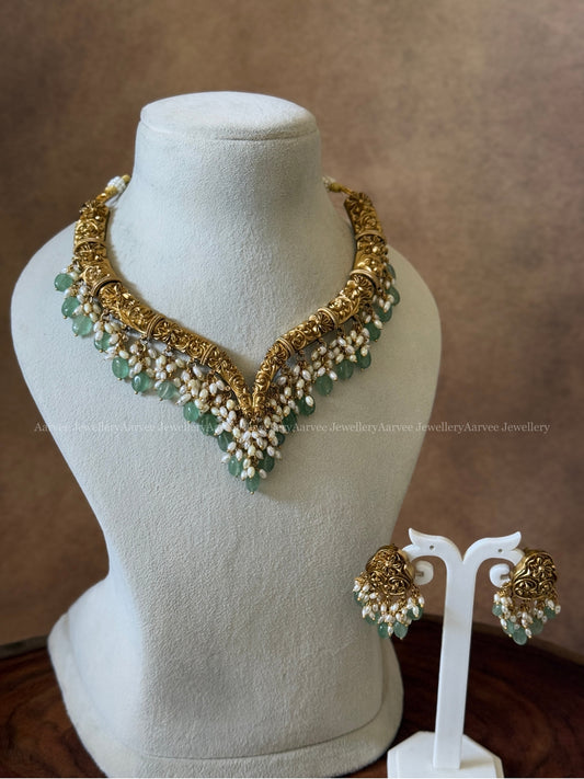 GOLD FINISH KANTI V SHAPE NECKLACE SET WITH PASTEL BEADS