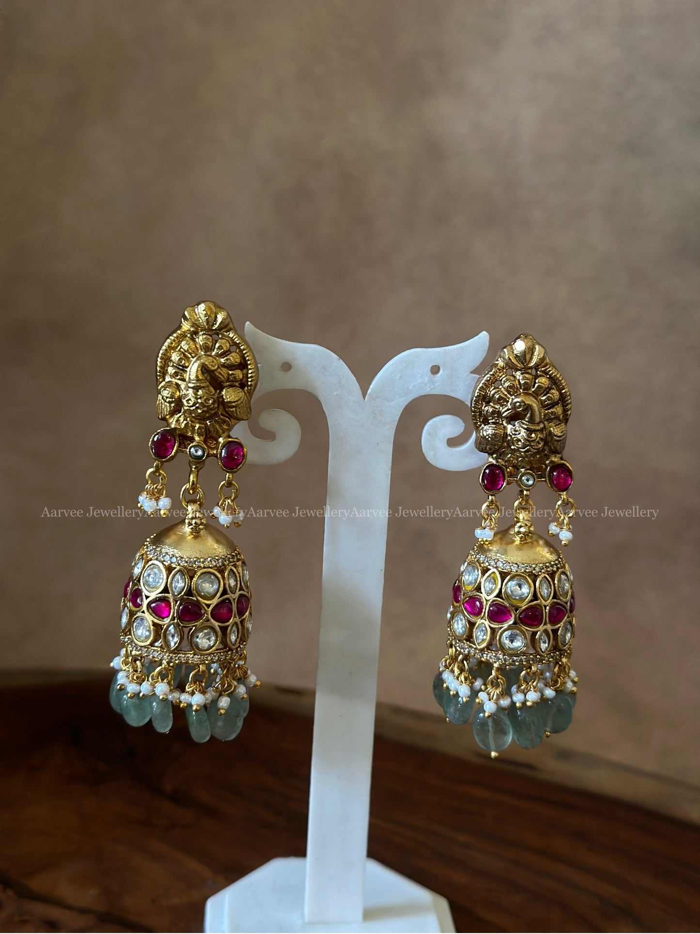 JADAU KUNDAN RUBY STONE KANTI NECKLACE WITH PEACOCK JHUMKI AND PASTEL BEADS