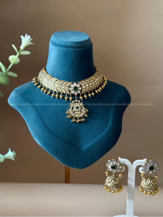 JADAU KUNDAN WHITE STONE HALF MOON & FLORAL NECKLACE WITH JHUMKI