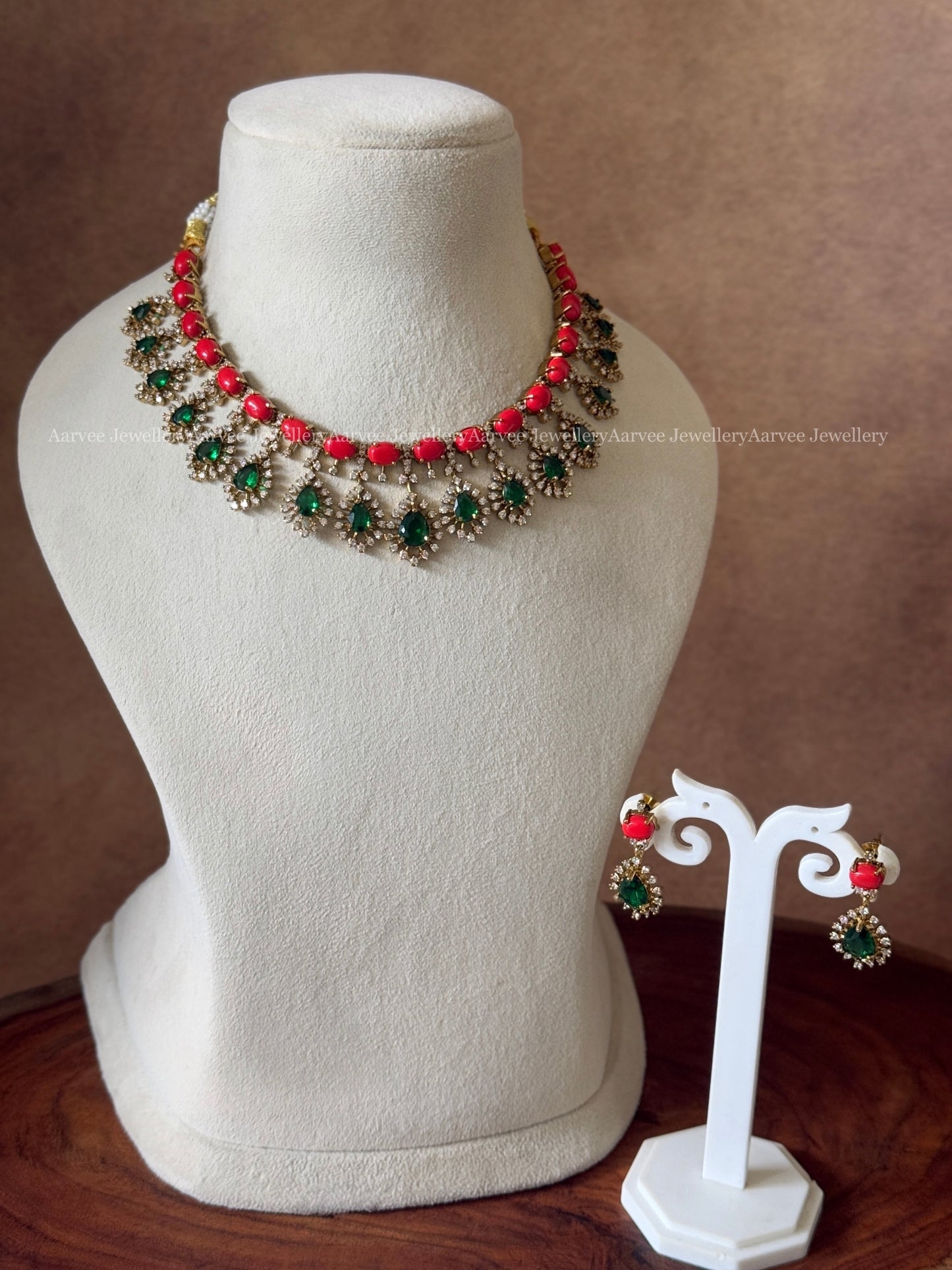 CORAL / GREEN CZ STONES NECKLACE SET