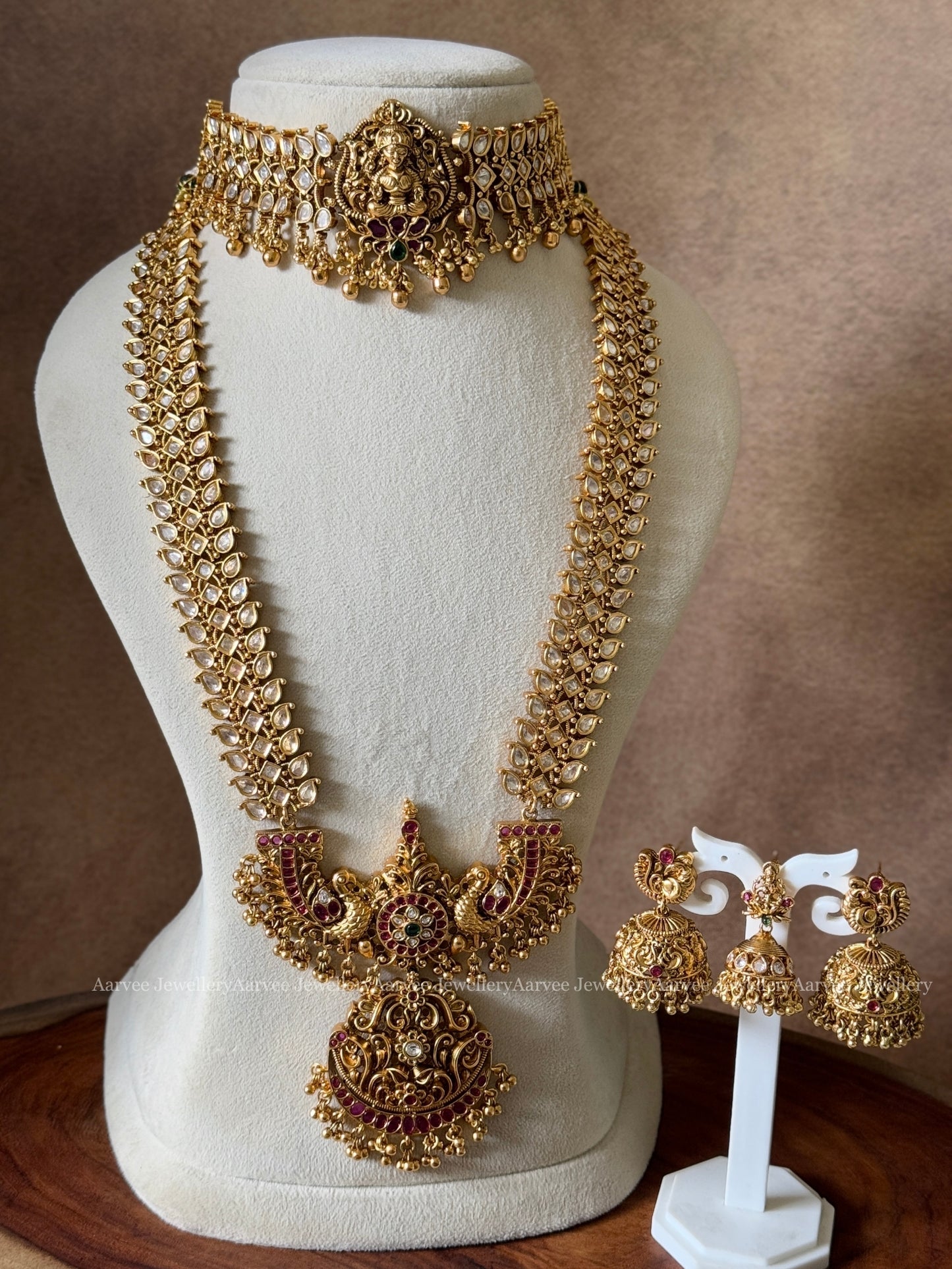 COMBO - ELEGANT WHITE STONE LAKSHMI CHOKER / WHITE STONE HARAM SET WITH PEACOCK PENDANT IN RUBY STONES & GOLD BEADS