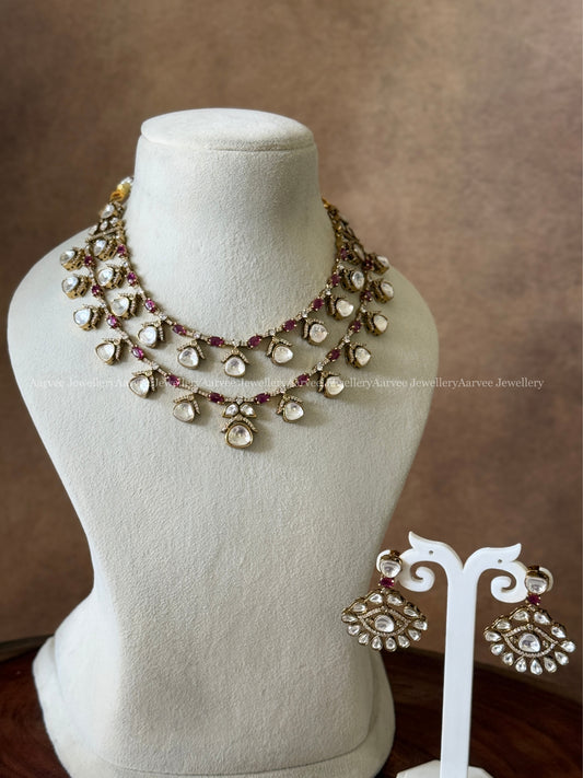VICTORIAN TWO LAYER WHITE & RUBY STONE NECKLACE SET