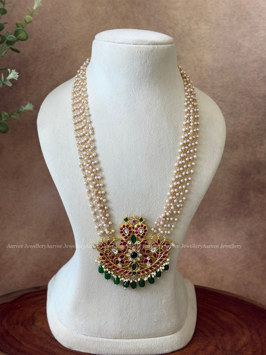 PEARL CHAIN WITH JADAU KUNDAN MANGO PENDANT WITH GREEN BEADS