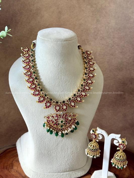 KEMP RUBY STONE MANGO NECKLACE SET WITH GREEN BEADS