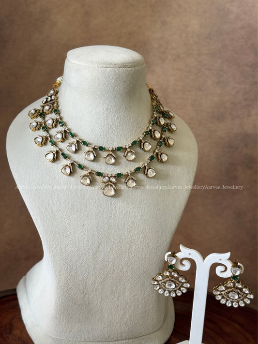 VICTORIAN TWO LAYER WHITE & GREEN STONE NECKLACE SET