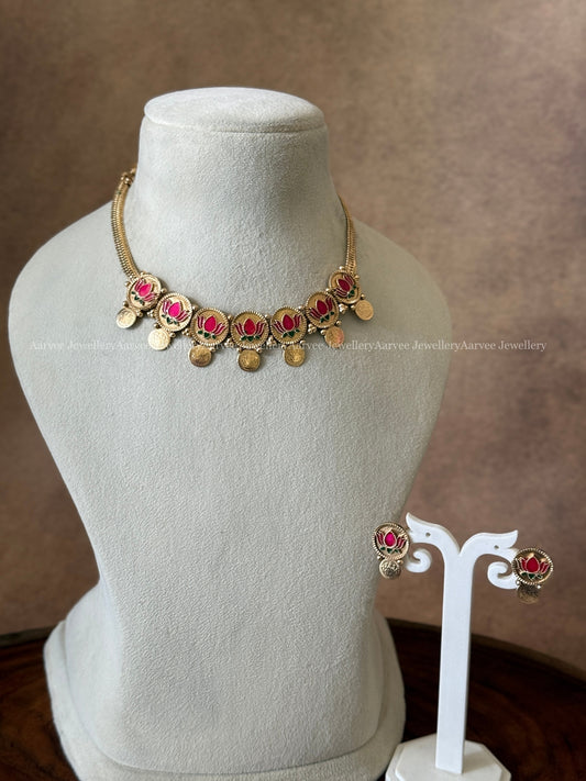 GOLD CHAIN NECKLACE SET WITH PINK LOTUS & COIN DESIGN