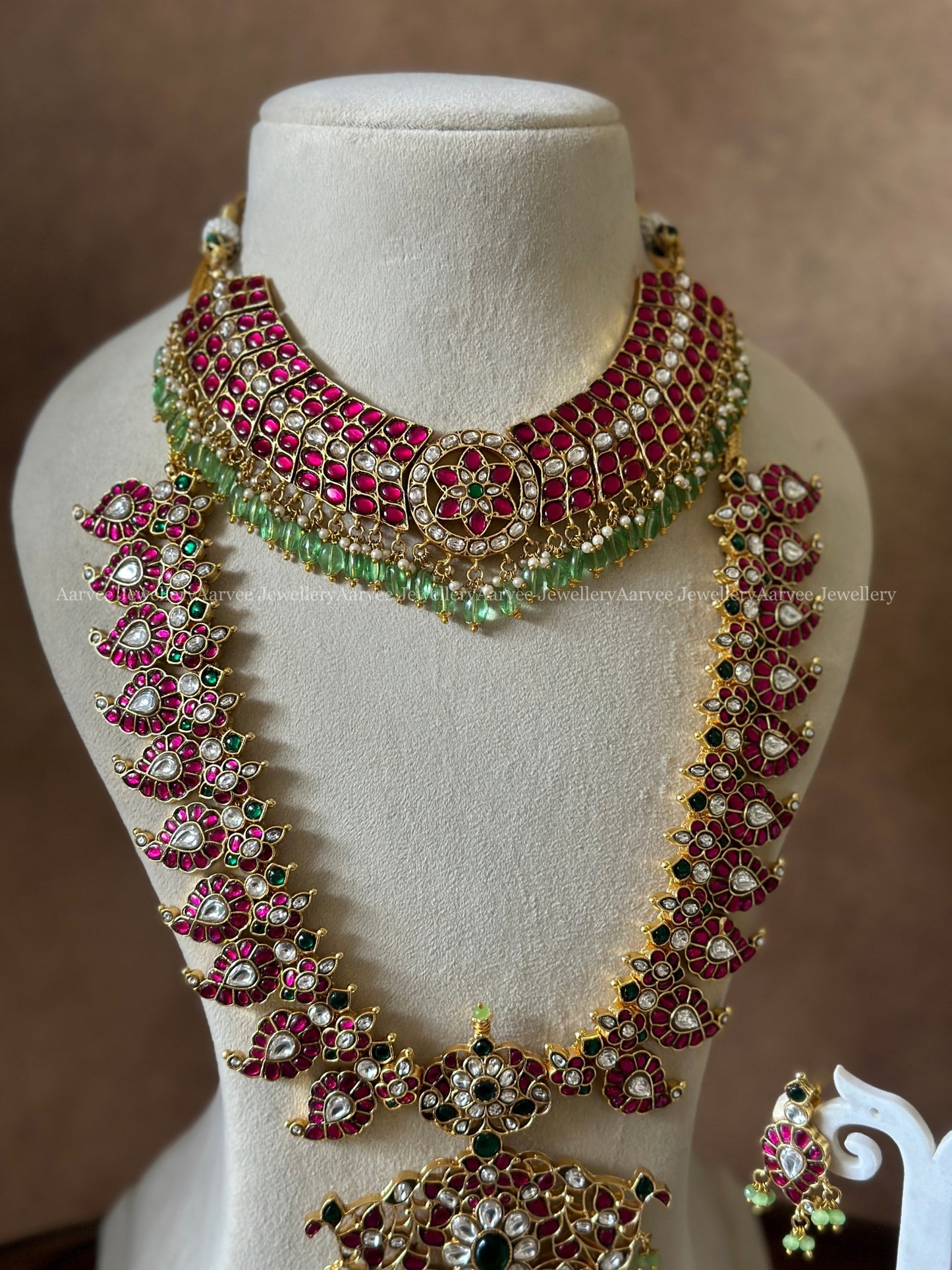 COMBO - JADAU KUNDAN RUBY STONE BUTTA CHOKER WITH MANGO MATIF HARAM SET WITH TINY GREEN BEADS