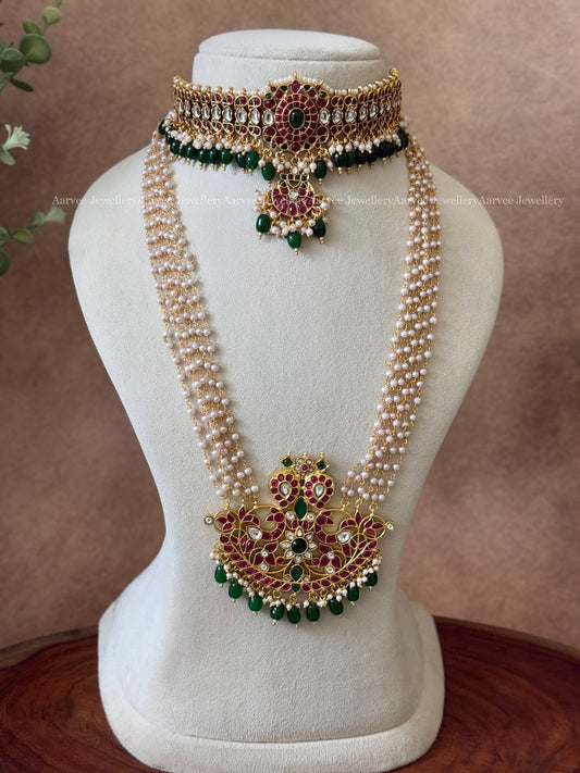 COMBO - KEMP SINGLE PENDANT CHOKER & PEARL CHAIN WITH JADAU KUNDAN MANGO PENDANT WITH GREEN BEADS