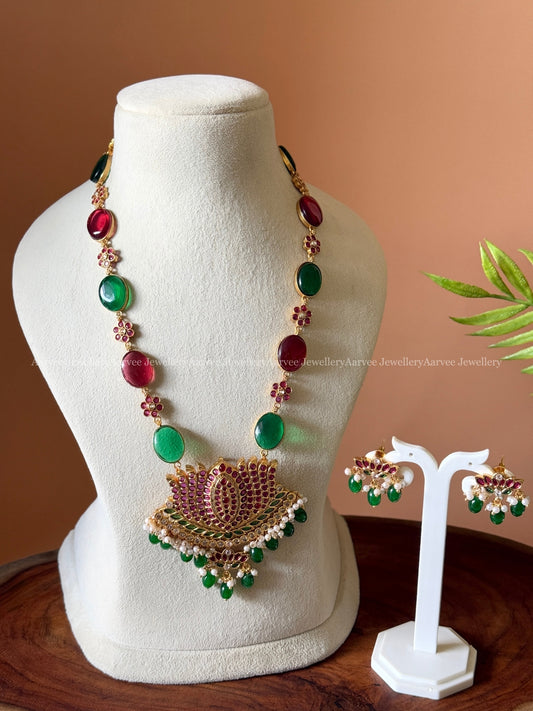 RUBY/GREEN STONES MID LENGTH CHAIN SET WITH LOTUS PENDANT AND GREEN BEADS