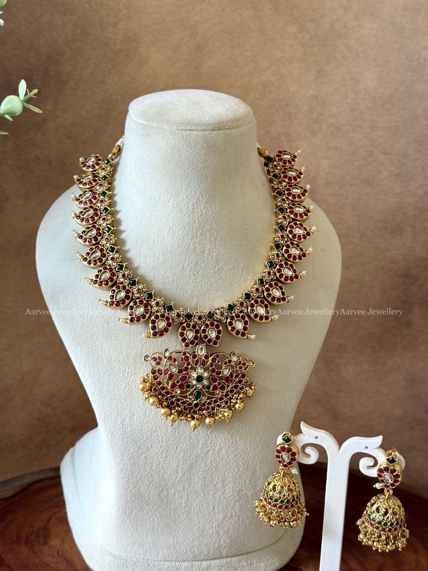 KEMP RUBY STONE MANGO NECKLACE SET WITH GOLD BEADS