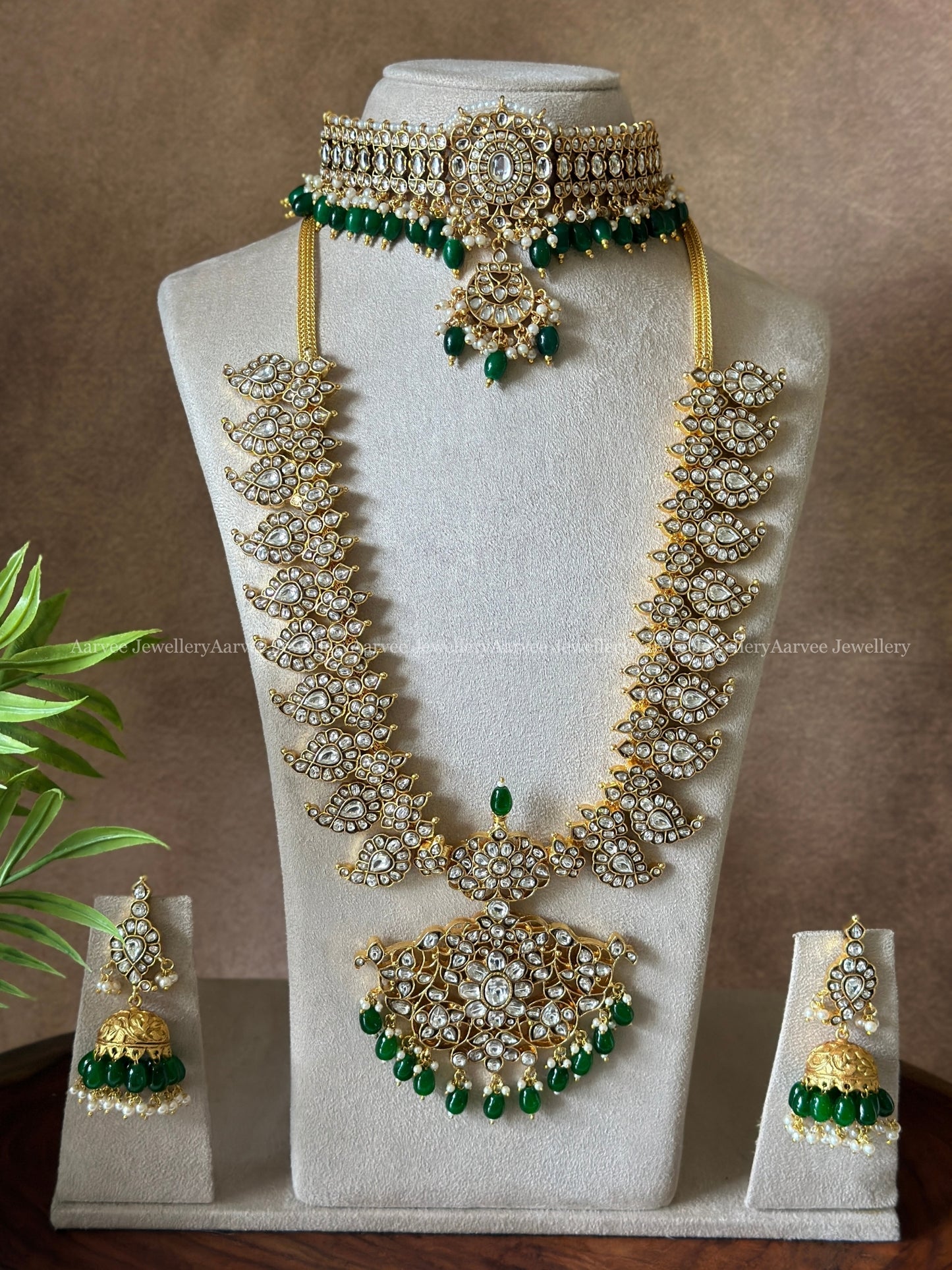 COMBO - KEMP WHITE STONE CHOKER & JADAU KUNDAN WHITE STONE MID LENGTH HARAM SET WITH GREEN BEADS
