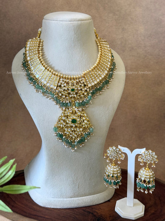 JADAU KUNDAN WHITE STONE STATEMENT NECKLACE WITH FLORAL JHUMKI AND PASTEL BEADS