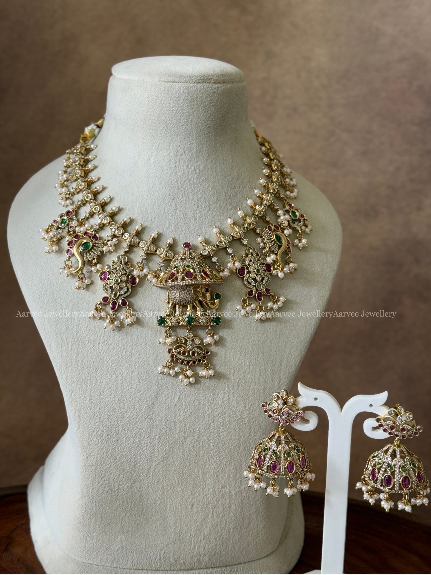 EXQUISITE MULTI COLOR CZ STONES ELEPHANT PENDANT NECKLACE SET