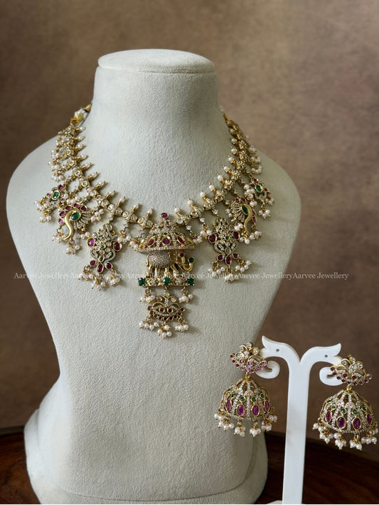 EXQUISITE MULTI COLOR CZ STONES ELEPHANT PENDANT NECKLACE SET
