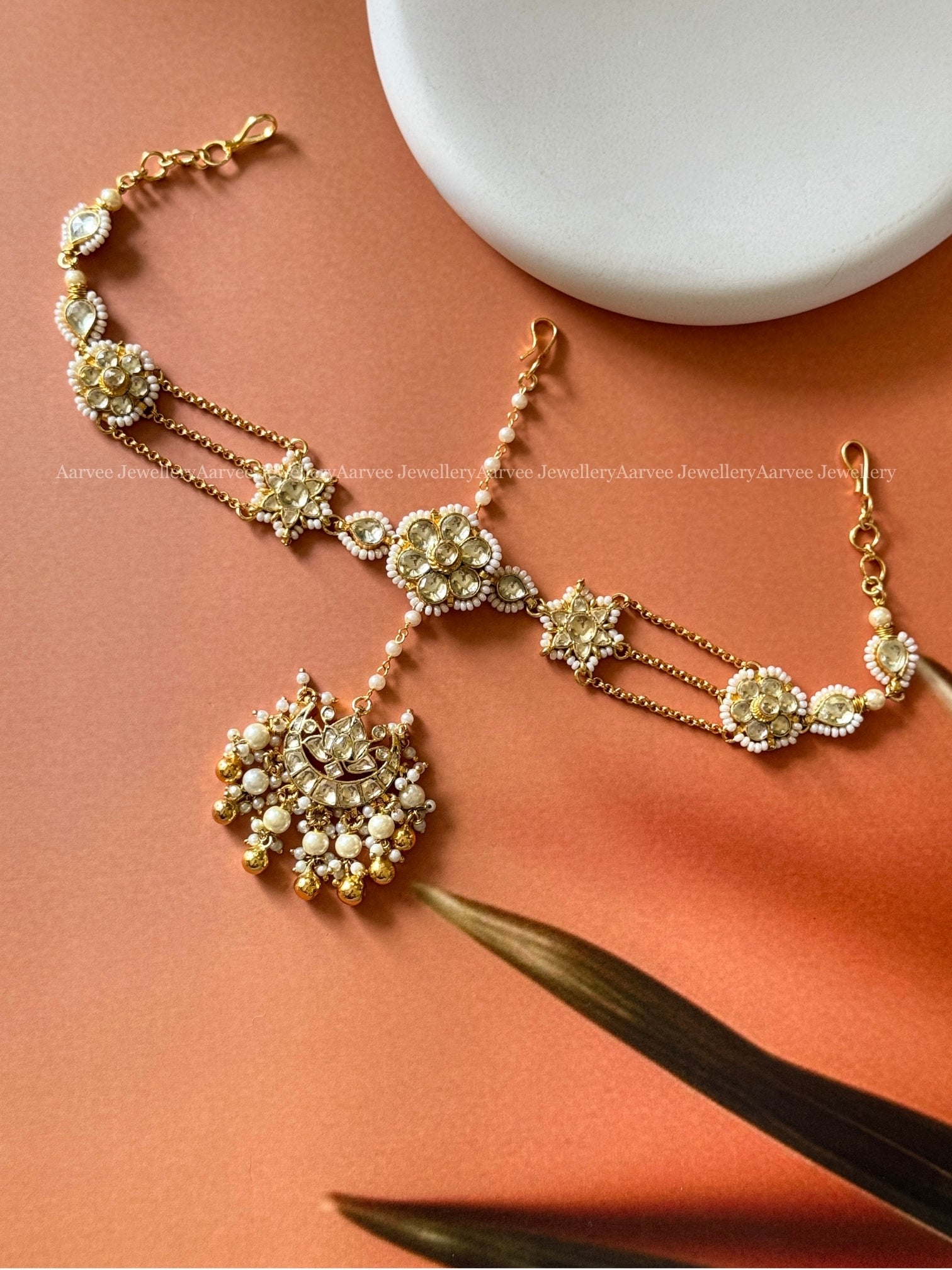 POLKI KUNDAN WHITE STONE SHEESHPHOOL WITH LOTUS TIKKA